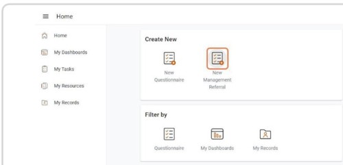 Home screen showing different options. Select the 'New Management Referral' option.