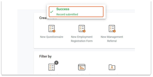 'Success Record Submitted' pop up shows on home screen confirming application has been submitted.