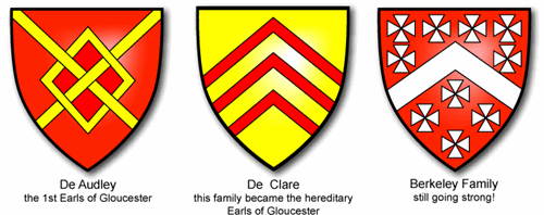 The coats of arms of the De Audley, De Clare and Berkeley families