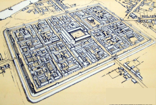 A map of the old Roman fortress in Gloucester. There is a large building in the centre, and the entire structure is surrounded by a large wall.