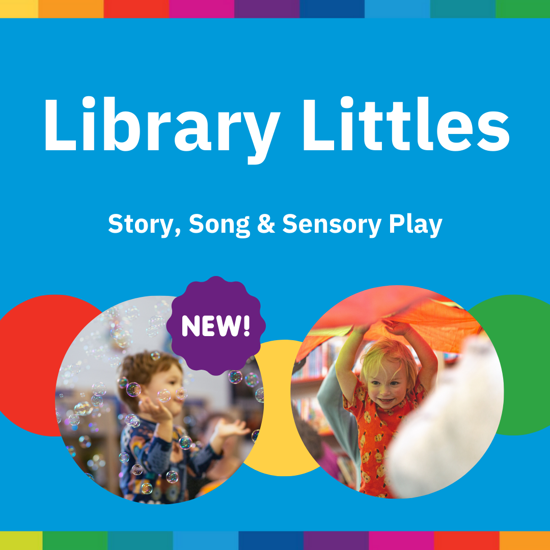 Library Littles logo and photographs of pre-schoolers enjoying sensory play