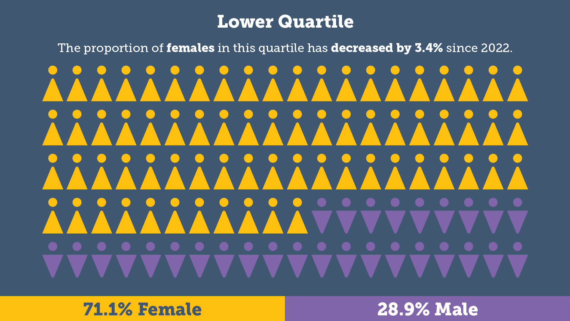 Lower Quartile: The proportion of females in this quartile has decreased by 1.3% since 2023 - 69.8% Female / 30.2% Male