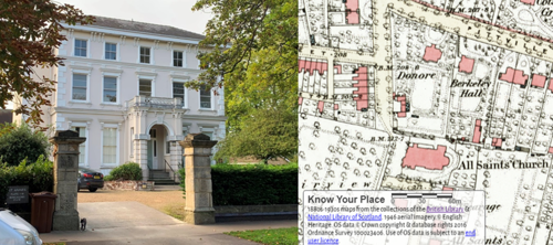 A photo of St Anne's House, and next to it a photo of its location on an old map