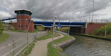 Photo of swing bridge from the water side.