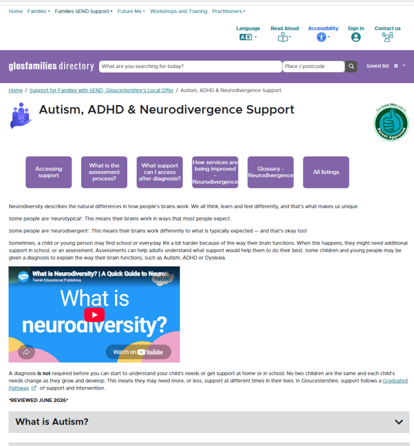 Screenshot of Autism, ADHD and ND page on the Local Offer