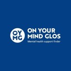 Logo for Om your Mind Glos white text on a blue background with Metal health support finder as a subtitle and a graphic circle with blue text OYMG
