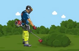 An illustration of someone strimming some greenery,