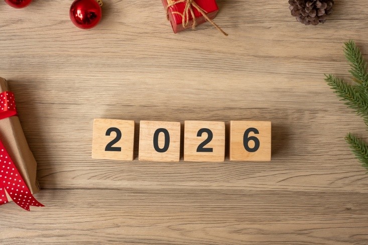 2026 written on wooden blocks.  A few Christmas decorations in the background.