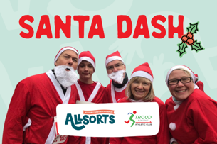 A group of five people wearing santa suits, smiling, with the Allsorts and Stroud & District Athletics Club logos overlayed.