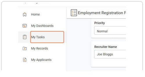 Employment Registration Form page. Vertical selection bar on left-hand side showing options including 'Home', 'My Dashboards', 'My Tasks', 'My Records' and 'My Applicants'.