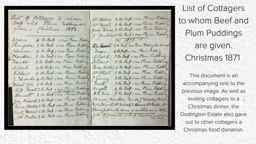 A list of cottagers who were gifted beef and plum puddings by the Dodrington Estate in Christmas 1871