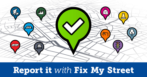 A Fix My Street map illustration with a green tick in the centre