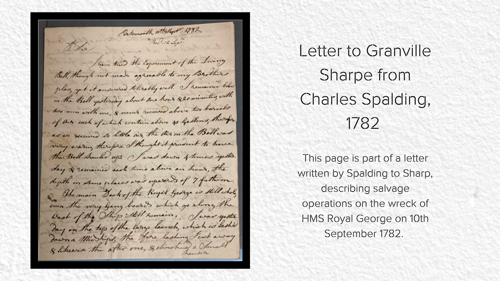 A photo of the letter to Granville Sharpe from Charles Spalding in 1782