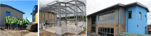 Two photos of works underway at the Cotswold School, and one photo of the completed building project