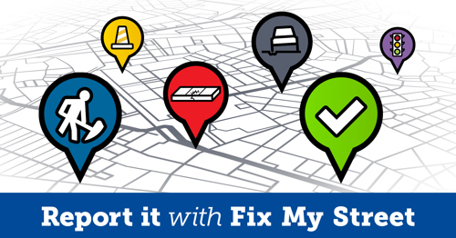 Illustration showing map with road repair icon images.