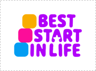 Logo with text in purple  stating ‘Best Start in Life’ with the ‘a’ in ‘Start’ having a whiote star symbol in front of the letter. Coloured stepping stones to the left of the text