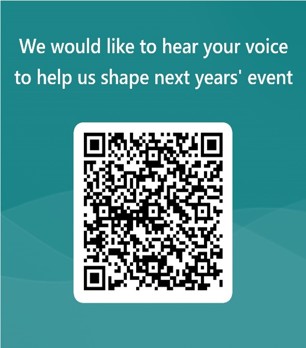 QR Code with a teal background and text that reads "We would like to hear your voice to help us shape next years' event"
